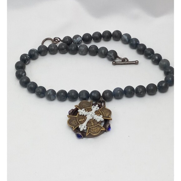 French Kande Necklace 2016 Layered Cross Gray Stone Bead 17" - Picture 6 of 10